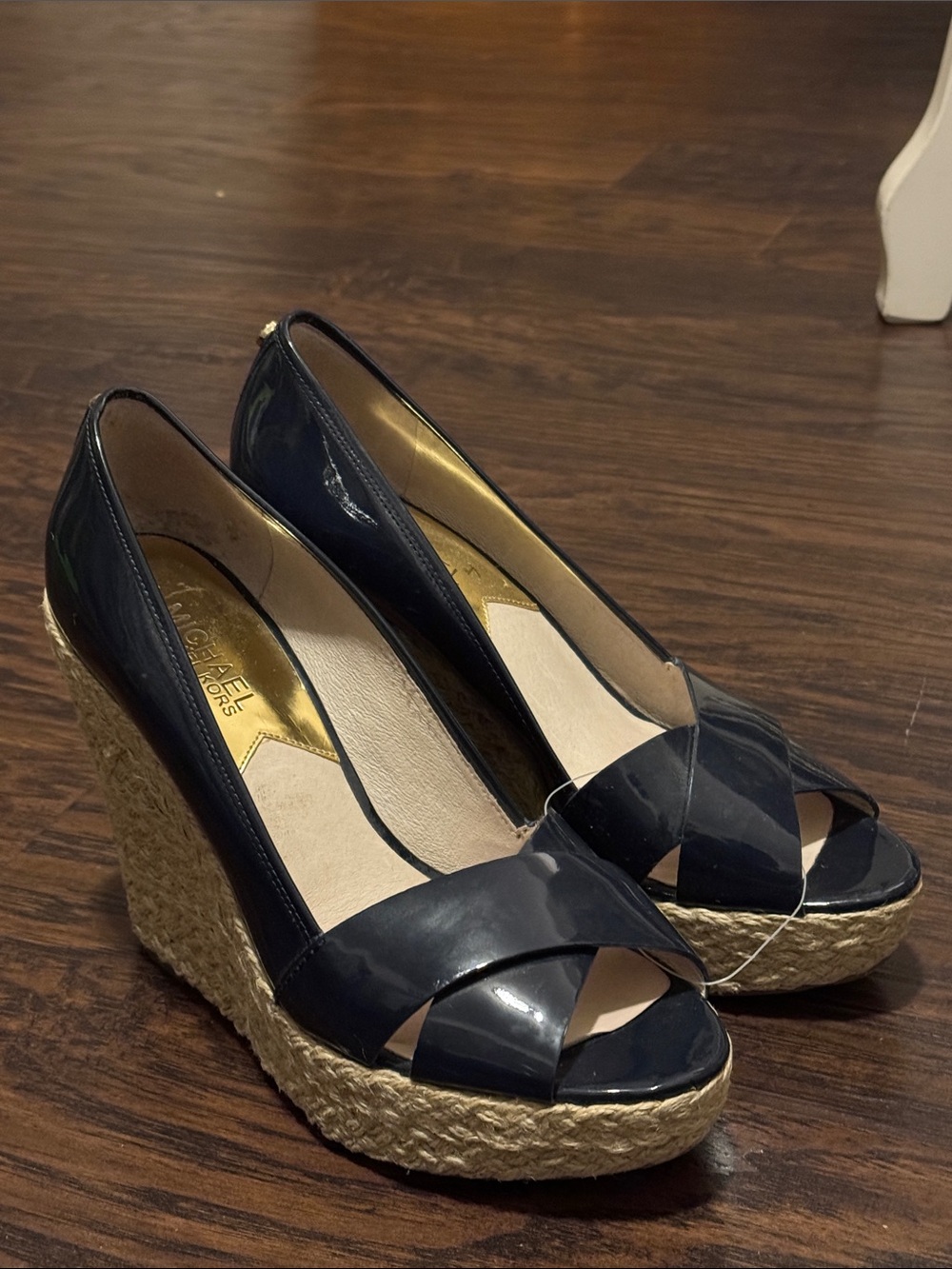 Michael Kors Navy Patent Espadrille Wedge Peep Toe